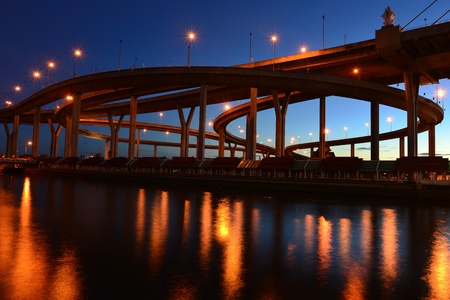 Bhumibol Bridge,the Industrial Ring Bridge or Mega Bridge,at dusk in Thailand The bridge located at Bangkok harbor の写真素材