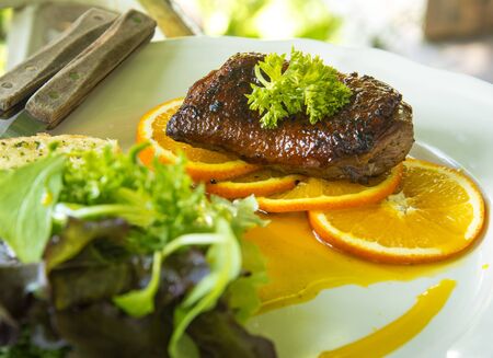 Roasted duck breast fillet with miso-orange sauceの写真素材