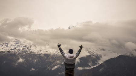 Man who reach the destination on Poonhill,Nepalの写真素材