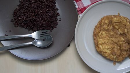 Healthy rice with fried egg prepare for breakfastの写真素材
