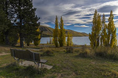 Lonely bench located at lake Tekapoの写真素材