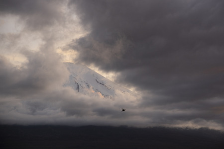 Mountain Fuji with nice cloud shape on the top at Yamanakago lake,Yamanashiの写真素材