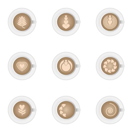 Icon set of hot cup of fresh latte art coffee vintage heart pattern for cafe design and advertisement.のイラスト素材