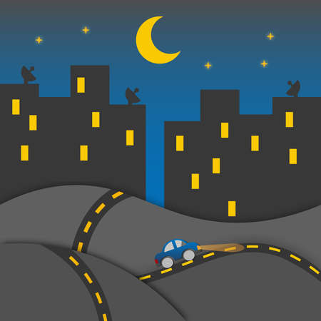 Graphic design of sport racing car on the night road with silhouette building in downtown at night with moon and star, night life, travelのイラスト素材
