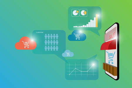 Online marketing and shopping platform on mobile with cloud financial summary infographic for revenue and customer section and line time series chart.のイラスト素材