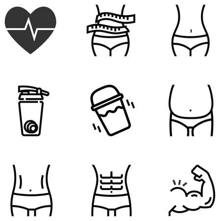 Healthy shape fat loss icon and body muscle builder by meal replacement shake cup and icon six pack and overweight naked iconのイラスト素材