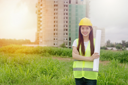 Construction Engineer Checking Plan On Building Site.の写真素材