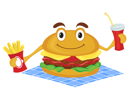 Hamburger holds a French fries and drink. Cartoon illustrationのイラスト素材