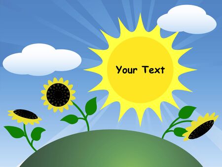 Field with sunflowers and sun. Cartoon illustrationのイラスト素材