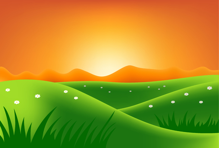 Green hills and field at sunset. Illustrationのイラスト素材