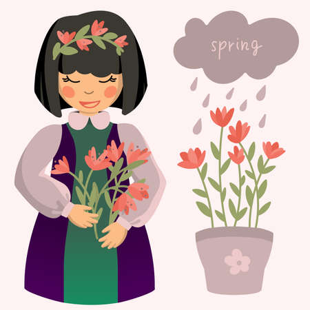 Pretty girl with spring flowersのイラスト素材