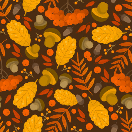 Vector seamless pattern with autumn leaves, rowan, acorn, berryのイラスト素材