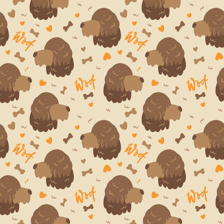 Seamless repeating childish simple pattern with cute doggies, bones, heartsのイラスト素材