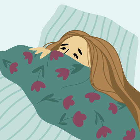 Girl lying hiding under blanket in bed. Its scary to wake up.のイラスト素材
