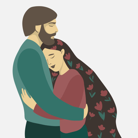 Support, hugs. Couple supporting each other. Bearded boyfriend.のイラスト素材