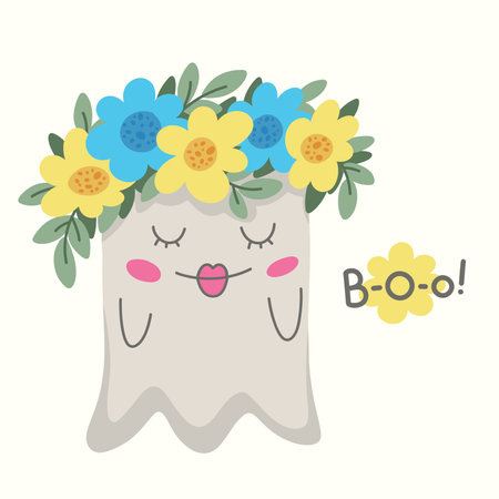 cute ghost with flowers on her headのイラスト素材