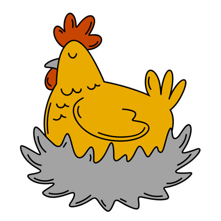 Hen is sitting in the nest. Old chicken. Doodleのイラスト素材