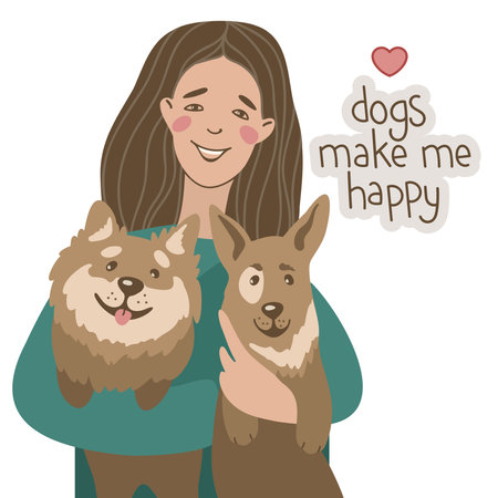 Woman holding two puppies. Dogs make me happy.のイラスト素材