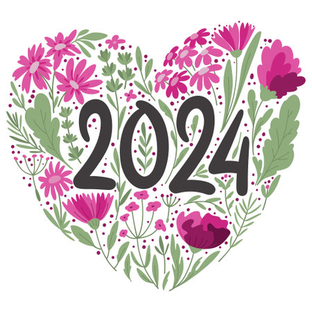2024 New Year greeting card. Flowers in heartのイラスト素材