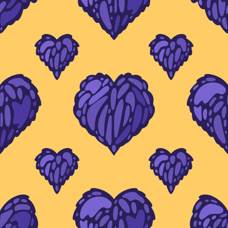 Seamless pattern violet hearts on yellow backのイラスト素材