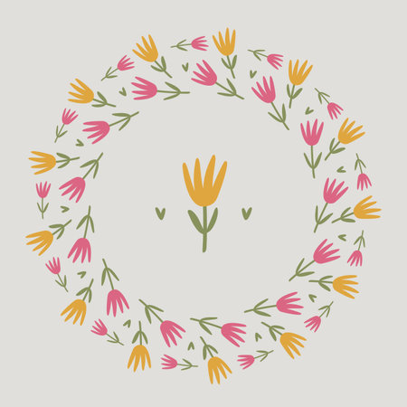 Spring flower circle frame set. Floral circle frame. Hand drawn botanical round border, laurel, wreath with branches, leaves and flowersのイラスト素材