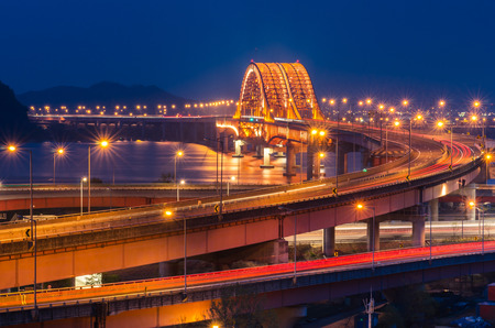 Hangang Bridge at night, Seoul, South Koreaの写真素材