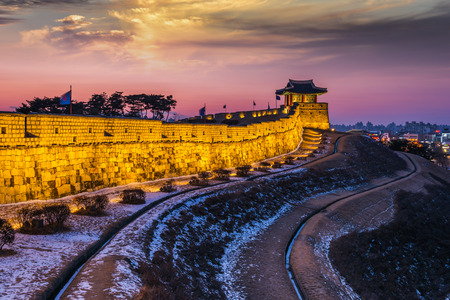winter,Sunset at Hwaseong Fortress in Suwon, South Koreaのeditorial素材