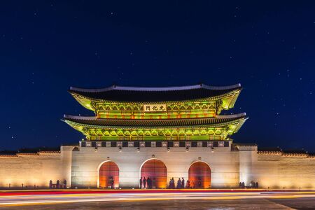 Korea,Gyeongbokgung palace at night in Seoul, South Korea.のeditorial素材