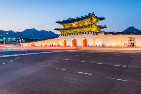 Korea,Gyeongbokgung palace at night in Seoul, South Korea.のeditorial素材