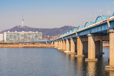 Seoul Subway and Bridge at Hanriver in Seoul, South korea.の写真素材
