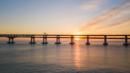 Gwangan Bridge and Haeundae aerial view at Sunrise, Busan, South Koreaの写真素材