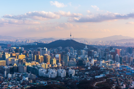 Aerial view of Sunset at Seoul City Skyline,South Koreaのeditorial素材