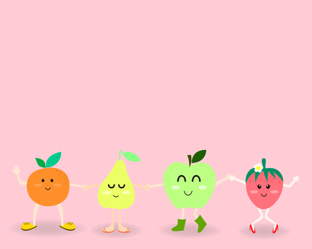 oranges pear apple and strawberry in sweet cute cartoon style in the happy face emotionのイラスト素材
