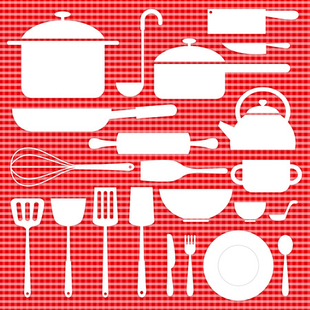 kitchenware icon in white color decoration on red table plaidのイラスト素材
