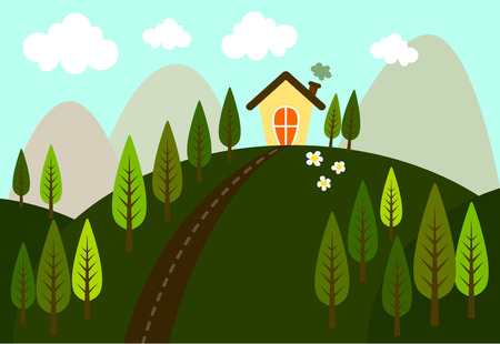 Vector of small house in the middle of a pine forest on the hills have a road and mountains behind. The environment are refreshing and clean.のイラスト素材