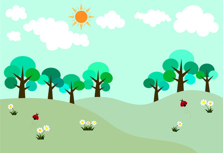 Vector of view on the hills have a trees, flowers, bright sky with clouds and the sun is shining and cute ladybug are flying.のイラスト素材