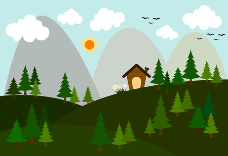 Vector of small hut in the middle of a green pine forest on the hills have a birds and sun in the sky. The environment are refreshing and clean.のイラスト素材