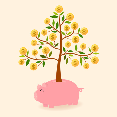 Vector Of Pink Piggy Bank And Grow Dollar Tree Is In Concept