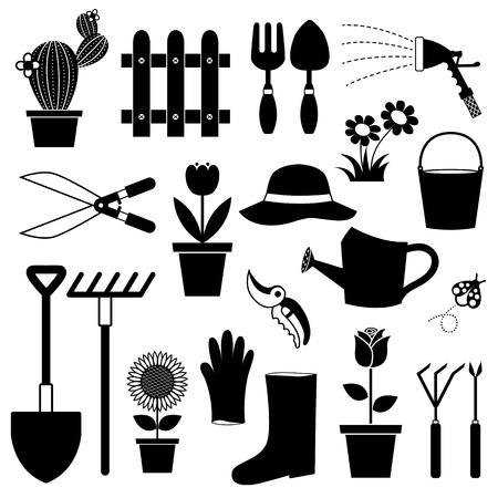 icon vector of gardening equipments in black and white can use for website or info graphicのイラスト素材