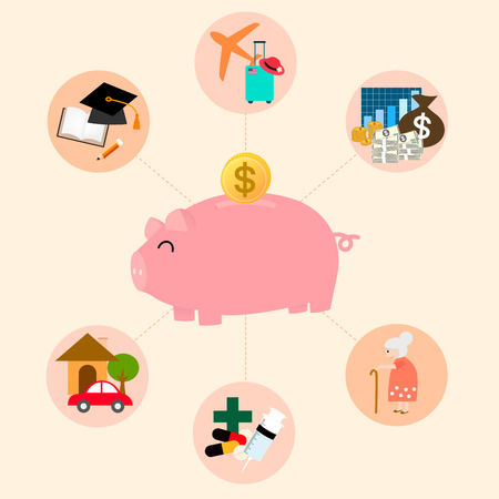 Planning to save money so that they can be utilized in the future, such as education. Investment, in tourism, leisure and residential facilities. In times of sickness and retirement.のイラスト素材