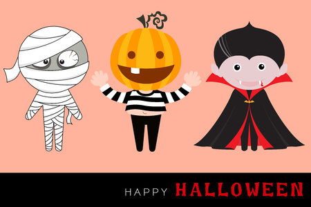 vector halloween characters including mummy, funny pumpkin monster and cute dracula in flat designのイラスト素材