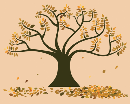 vector of big tree in autumn, leaves changed to orange, yellow and brown fallen from the trees and heap on the ground.のイラスト素材