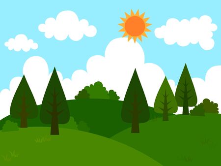 green forest on the hills have a sun and white cloud. The environment are refreshing and clean.のイラスト素材