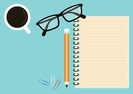 stationery including notebook, pencil, paperclip, eyeglasses and a cup of coffee in top view on blue pantone style backgroundのイラスト素材