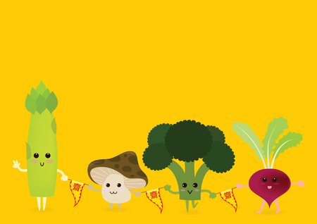 Vegetables cartoon character include asparagus, mushroom, broccoli and purple radish. Cute cartoon style.のイラスト素材