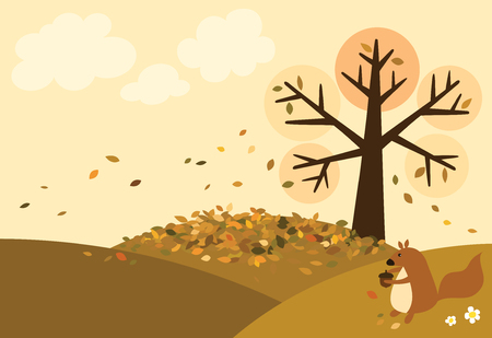 Vector of autumn view have a tree on the hills and many leaves fall on the ground with a cute squirrel is holding walnut, background is a sky with clouds.のイラスト素材