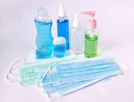 Hand cleaners to prevent viruses such as alcohol spray, alcohol gel portable bottles and pump type, as well as masks that protect against viruses from sneezingの写真素材