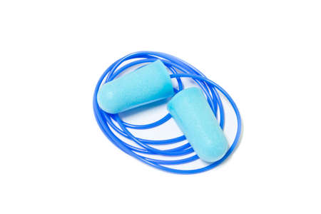 blue ear plugs on white backgroundの写真素材