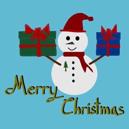 Christmas Greeting Card, Merry Christmas, Snowman and gift box, vectorのイラスト素材