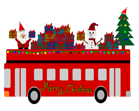 Christmas Greeting Card, Merry Christmas, Santa Claus, snowman and gifts on the bus vectorのイラスト素材